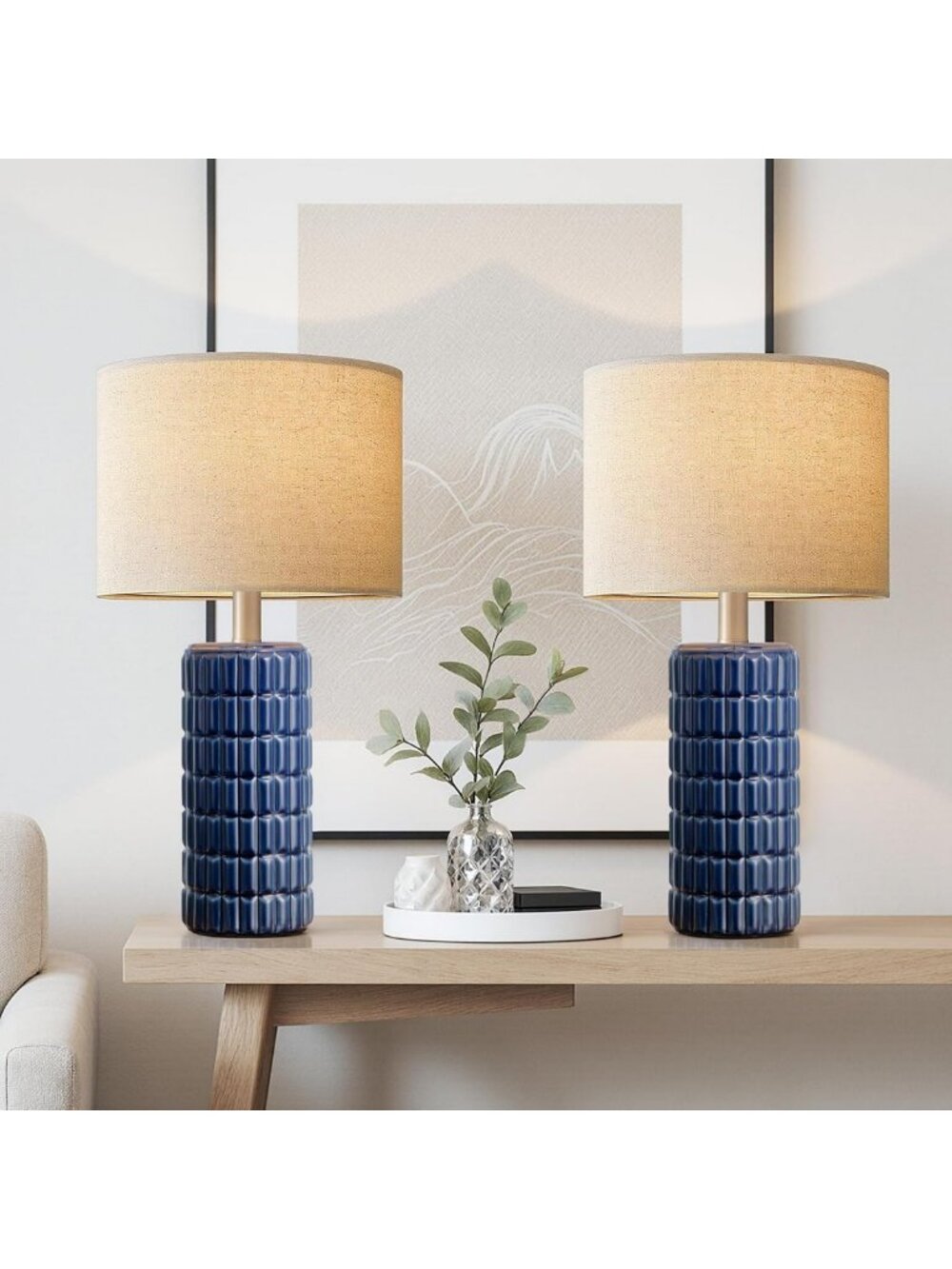 Set of 2 Modern 23" Ceramic Table Lamps for Bedroom, Living Room, Blue Decor